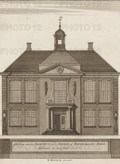 Front view of the Courthouse in Watergraafsmeer, Image of the Courthouse in the Diemer or Watergraafs-Meer, rebuilt in the year 1777, print, printmaker: Caspar Jacobsz. Philips, publisher: Bernardus Mourik, 1778, paper, etching, engraving, height 185 mm x width 141 mm, A symmetrical building façade rendered in fine line engraving, showing a central pediment with a circular decorative element above a recessed entrance flanked by columns and steps, tall multi-pane windows on either side with detailed brickwork and window lintels, decorative vertical garlands beside the central upper window, a hipped roof with small chimneys at each side and a domed cupola topped by a finial and a flag, lantern-style street lamps mounted on the exterior walls near the corners, and a broad base or plinth beneath the façade.