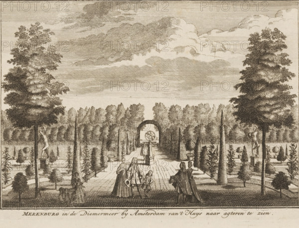 View of the garden of Meerenburg, Merenburg in the Diemermeer near Amsterdam seen from the house towards the back, print, with stone statues by the sculptor Keizer on the left and right, in the middle a celestial sphere (tellurium)., printmaker: Daniël Stopendaal (possibly), publisher: Andries de Leth (possibly), publisher: Hendrik de Leth (possibly), 1725, paper, etching, engraving, height 142 mm x width 200 mm, Other state from: The Glorified Watergraefs- or Diemer-meer, by the City of Amsterdam... drawn by Daniel Stopendael, M. Brouerius-van-Nidek. Amsterdam: Andries en Hendrik de Leth, 1725., statues, sculptures in garden, French or architectonic garden, formal garden, Amsterdam, Watergraafsmeer, Diemermeerpolder, A wide engraved scene of a formal garden viewed from a central pathway flanked by rows of trimmed tall trees and conical topiaries, with two large leafy trees framing the composition on the left and right edges; in the middle distance an arched stone structure stands abov...
