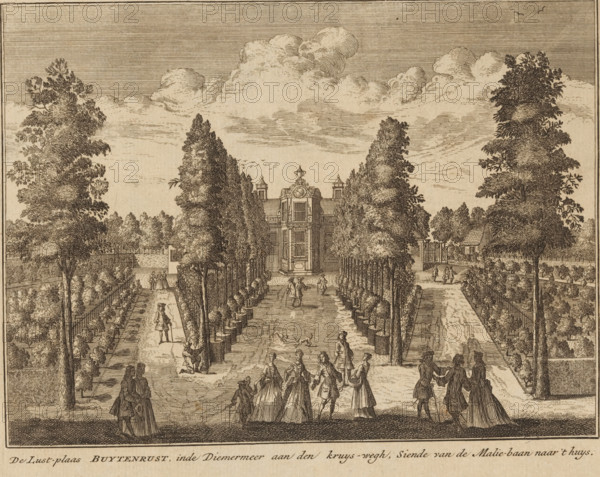 View of the country estate Buitenrust, De Lust-plaas Buytenrust, inde Diemermeer aan den kruys-wegh, Seende van de Malie-baan naar 't huys, print, printmaker: Daniël Stopendaal, publisher: Isaac Greve, c. 1725, Daniël Stopendaal, Isaac Greve, printmaker, publisher, paper, etching, engraving, height 158 mm x width 200 mm, Other state appeared in: Het verheerlykt Watergraefs- of Diemer-meer, by de Stadt Amsterdam... getekent door Daniel Stopendael, M. Brouerius-van-Nidek. Amsterdam: Andries en Hendrik de Leth, 1725., garden, Amsterdam, Diemermeerpolder, A detailed sepia-toned engraving shows a formal garden with a central tree-lined path flanked by rows of potted trees and hedges leading toward a large ornate building with decorative roof elements and chimneys. Figures in period dress walk, stand, and converse along the path and on the lawns, with some seated and others in small groups; a few small dogs are visible near the center. Tall trees border the scene on both sides, and smaller g...
