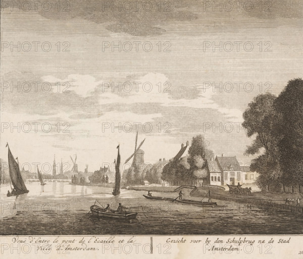 View of Between the Escaille Bridge and the City of Amsterdam, View of the city of Amsterdam by the Schulpbrug, View of the Amstel near the Schulp Inn, print, Series number, 26, inscription: '52', printmaker: Matthijs Pool, Amsterdam, publisher: Leonard Schenk (possibly), 1708 - 1767, paper, etching, height 165 mm x width 193 mm, Print used in: Pool, Matthijs. Verscheyde gesigten van de vermaarde rivier de buyten Amstel van de stadt Amsterdam, tot het dorp Ouwerkerk (…), 1708-1740. Or in a later edition of this publication, published by Leonard Schenk (year of publication unknown)., rowing-boat, canoe, sailing-ship, sailing-boat, river, hotel, hostelry, inn, bridge, Amstel (rivier), Weesperzijde, A wide riverside scene rendered in fine monochrome lines showing a calm water surface with several small boats and larger sailboats, rowers and figures visible in some vessels, a couple of people standing on the near shore, and a horse-drawn cart on a road beside buildings; along the opposite ...