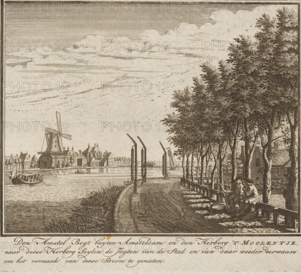 View of the Amstel near the Molentje inn, The Amstel Bogt buyten Amsteldam and the Herberg 'T Moolentje. to this Inn Seyten de Jachten van de Stad and from there back again to enjoy the pleasure of this Stream, print, book illustration, printmaker: Jan Caspar Philips, Amsterdam, after design by Jan Caspar Philips, publisher: Arend van Huyssteen (possibly), publisher: Samuel de Waal (possibly), 1736 - 1773, Jan Caspar Philips, Arend van Huyssteen, Samuel de Waal, printmaker, publisher, paper, etching, engraving, etching and engraving, height 137 mm x width 159 mm, Print also used in: Schoemaker, Gerrit et al. Daniel Willinks Amstellandsche Arkadia, or description of the situation, condition and events of Amstelland, with its subordinate villages, lordships, trades, pleasure gardens, waters, etc. (…). 2 vols. 1st edition. Amsterdam: Arend van Huyssteen, 1737. Or in: Schoemaker, Gerrit ed. Daniel Willink’s Amstellandsche Arkadia, with its dependent villages, etc. (…). 2 vols. 2nd edition....