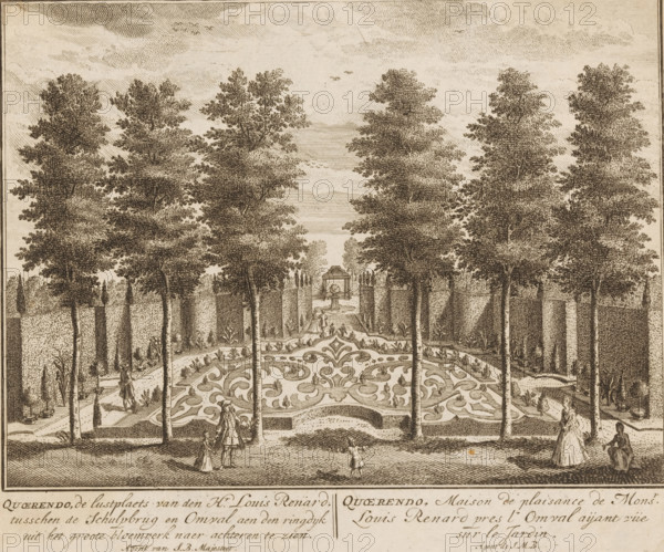 Country Estate Quoerendo, Quoerendo, the pleasure grounds of Mr. Louis Renard between the Schulpbrug and Omval on the ring dike, viewed from the large flowerbed looking backwards, Maison de plaisance de Monsr. Louis Renard pres l'Omval aijant vüe sur le Jardin, print, book illustration, Series number, 59, after drawing by Daniël Stopendaal, Amsterdam, publisher: Andries de Leth (possibly), publisher: Hendrik de Leth (possibly), publisher: Pieter Jan Entrop (possibly), 1725 - 1768, Daniël Stopendaal, Andries de Leth, Hendrik de Leth, Pieter Jan Entrop, printmaker, after drawing by, publisher, paper, etching, engraving, height 170 mm x width 208 mm, Print used in: Niedek, Mattaeus Brouërius. It glorifies Watergraafs- or Diemermeer by the city of Amsterdam, Amsterdam: Andries and Hendrik de Leth, 1725. Or in: Niedek, Mattaeus Brouërius. The Glorified Watergraafs- or Diemermeer by the City of Amsterdam, Amsterdam: Pieter Jan Entrop, 1768., French or architectonic garden, formal garden, Nor...