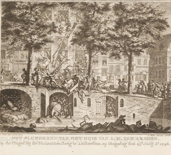 Plundering of the house of AM van Arssen in Amsterdam, 1748, The plundering of the house of AM van Arssen, on the Cingel near the Huiszittensteeg in Amsterdam, on Tuesday, June 25, print, The plundering of the house of tax farmer AM van Arssen and the warehouses and cellars located beneath it at Singel 187 during the Tax Farmers' Revolt, 1748. From the residence, figures throw all kinds of household goods onto the street and into the canal., printmaker: Simon Fokke, Amsterdam, after design by, publisher: Arend Fokke Simonsz., 1777, Arend Fokke Simonsz., printmaker, publisher, paper, etching, height 177 mm x width 204 mm, plundering, riot, Period, 1748-06-25, A detailed etching showing a canal scene in front of multi-story brick buildings with many small paned windows and open shutters, large leafy trees partially obscuring the facades, and numerous figures engaged in chaotic activity on a bridge and along the quay; people carry furniture and barrels, some appear to be climbing or reach...