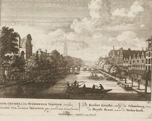View of the Keizersgracht, seen from Huidenstraat, Fossae Caesareae pars, Occidentale Templum versus, Pelliceâ via exeunti, Theatrum que publicum transeunti, The Keizersgracht, verby de Schouburg, van de Huyde straat, nar de Westerkerk, Admirandorum Quadruplex Spectaculum, Quadruple spectacle of wonders, print, Series number, 61, 71, seen from the height of Huidenstraat towards the Westerkerk. On the left, the entrance to the Schouwburg. To the left of the center, the Westertoren. Below the image, the title in Latin and Dutch. Numbered lower right: 61., printmaker: Jan van Call (I), Amsterdam, publisher: Pieter Schenk (I), grantor of privilege: States of Holland and West Friesland, c. 1700, paper, etching, engraving, height 129 mm x width 167 mm, Other state also used in: Call, 1700. The title page, dedication, and the portrait of Frederick of Saxony were engraved by Pieter Schenk (I). The other prints in this series are, as indicated on the title print, by Jan van Call (I)., parts of ...