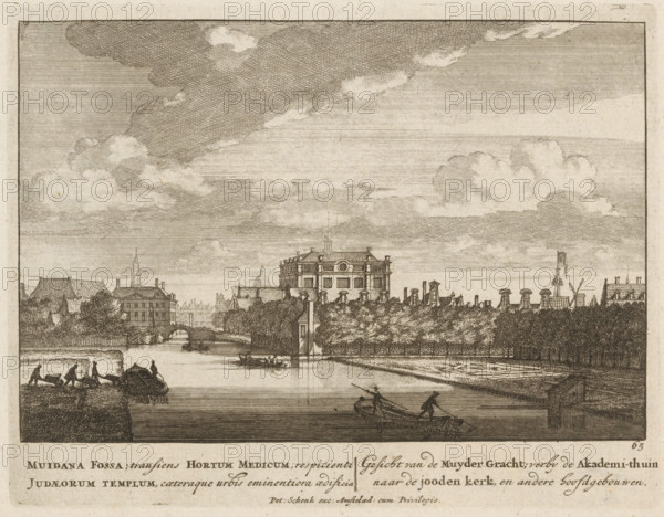 View of the Muidergracht in Amsterdam, Muidana Fossa, transiens Hortum Medicum, respicienti Judaeorum Templum, caeteraque urbis eminention adificia, View of the Muidergracht, past the Academy Garden towards the Jewish church, and other main buildings, Quadruple spectacle of wonders, Admirandorum Quadruplex Spectaculum, print, Series number, 65, 71, printmaker: Jan van Call (I), Amsterdam, publisher: Pieter Schenk (I), grantor of privilege: States of Holland and West Friesland, 1700, paper, etching, height 130 mm x width 167 mm, Other state also used in: Call, 1700. The title page, dedication, and the portrait of Frederick of Saxony were engraved by Pieter Schenk (I). The other prints in this series are, as indicated on the title page, by Jan van Call (I)., canals, waters (in city), city-view, and landscape with man-made constructions, Muidergracht, A wide sepia-toned engraving shows a riverside scene with a calm waterway running through the middle, bordered by tree-lined banks and form...
