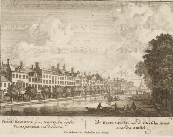 View of the Herengracht in Amsterdam from the Utrechtsestraat, Fossae Dominicae pars, Amstelam versus Ultrajectensi viâ decedenti, The Herengracht, from the Uitersche straat to the Amstel, Admirandorum Quadruplex Spectaculum, Fourfold spectacle of wonders, print, Series number, 64, 71, printmaker: Jan van Call (I), Amsterdam, publisher: Pieter Schenk (I), grantor of privilege: States of Holland and West Friesland, c. 1700, paper, etching, height 130 mm x width 170 mm, Other state also used in: Call, 1700. The title page, dedication, and portrait of Frederick of Saxony were engraved by Pieter Schenk (I). The other prints in this series are, as indicated on the title page, by Jan van Call (I)., canals, waters (in city), Herengracht (Amsterdam), A wide riverside scene rendered in fine sepia lines shows a row of multi-story buildings with pitched roofs and chimneys lining a tree-bordered quay, trees planted between low fences along the water and a promenade beside the buildings, a small ar...