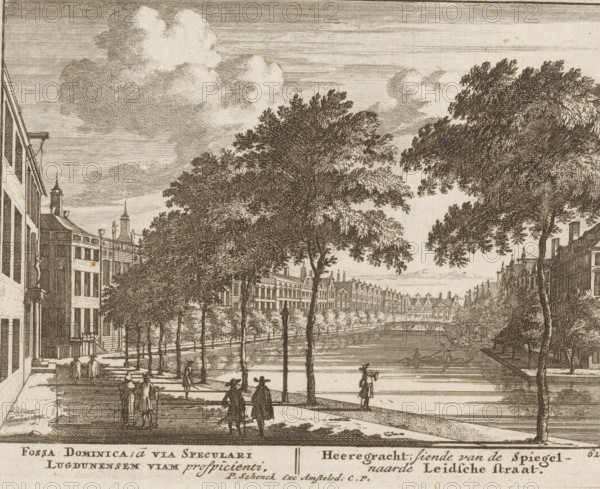Fossa Dominica, à via Speculari Lugdunensem viam prospicienti, Heeregracht, siende van de Spiegel naarde Leidshce straat, Gezicht op de Herengracht, Admirandorum Quadruplex Spectaculum, Viervoudig schouwspel van wonderen, print, Series number, 62, 71, printmaker: Jan van Call (I), Amsterdam, publisher: Pieter Schenk (I), grantor of privilege: Staten van Holland en West-Friesland, c. 1700, paper, etching, height 130 mm x width 166 mm, Other state also used in: Call, 1700. The title page, dedication, and portrait of Frederick of Saxony were engraved by Pieter Schenk (I). The other prints in this series are, as indicated on the title page, by Jan van Call (I)., canals, waters (in city), Herengracht (Amsterdam), A wide view of a riverside street rendered in a sepia-toned etching, showing tall leafy trees along a walkway beside a calm canal, rows of multi-story buildings with detailed facades and gabled roofs lining both sides of the water, a stone bridge crossing the canal in the distance,...