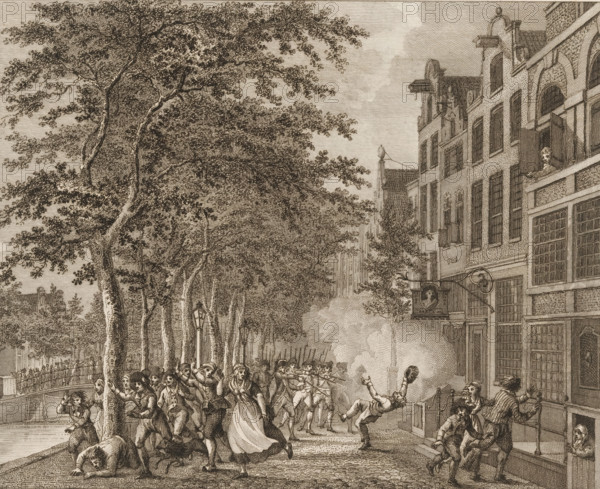 Riot in front of a tailor's house in Amsterdam, 1748, print, Unrest during the Tenant Farmers' Revolt in front of a tailor's house on the Nieuwezijds Voorburgwal in Amsterdam, where a Swede who had plundered is shot dead in the street by the civic guard, June 26, 1748., printmaker: Reinier Vinkeles (I), Amsterdam, after design by Reinier Vinkeles (I), publisher: François Bohn, 1800 - 1806, Reinier Vinkeles (I), François Bohn, printmaker, publisher, paper, etching, engraving, height 224 mm x width 272 mm, Used in: Jan Fokke. History of the Eighteenth Century, 6 vols. Haarlem: François Bohn, 1801-1806., looting, riot, Tenant Farmers' Uprising (1747-1750), Nieuwezijds Voorburgwal, Period, 1748-06-26, A detailed monochrome street scene shows a row of tall trees with dense foliage lining a walkway alongside a canal, their trunks and branches rendered with fine crosshatching; street lamps stand beneath the trees and a crowd of people moves along the path, many shown in motion with raised arm...
