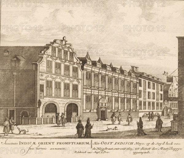 View of the East India House in Amsterdam, Sociëtatis Indicae Orient Promptuarium, suis horreis annexum, The East India House, on the south corner of the Hoogstraat, around 1605, cleared for the service of the Society, 100 Illustrations of the most important buildings of Amsterdam, print, Series number, 31, 100, Numbered lower right: 31., printmaker, grantor of privilege, Barent Greve, paper, etching, height 169 mm x width 204 mm, Current state of print also used in: 100 Illustrations of the most important buildings of Amsterdam. Amsterdam: Pieter Schenk (I), sa 1710-1711. And in: 100 Illustrations of the most important buildings of Amsterdam. Amsterdam: Barent Greve, sa. 1757-1766.* *In the second edition, published by Barent Greve, only the title page has been modified. The other prints have remained unchanged., street (city(-scape) with figures, staffage), trade-company, exterior, representation of a building, Amsterdam, East India House (Amsterdam), A sepia-toned engraved street sc...