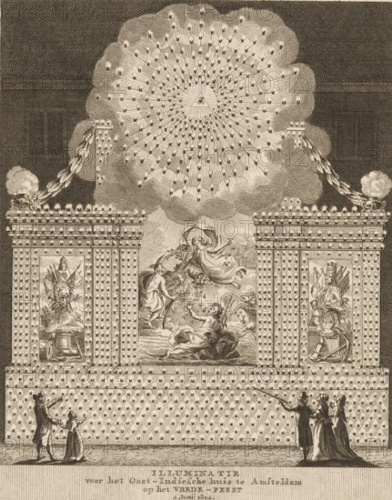 Illumination for the East India House in Amsterdam, 1802, Illumination for the East India House in Amsterdam on the Peace Festival June 2, print, printmaker, publisher, Amsterdam, Netherlands, Jan Augustijn Swalm, paper, etching, engraving, height 171 mm x width 136 mm, A detailed engraved scene shows a large ornate facade or panel covered in a repeating decorative pattern, with an elaborate central arch containing a classical-style allegorical group of figures, one floating draped female figure reaching down toward other partially clothed figures amid swirling clouds and water, flanked by rectangular decorative panels that contain arrangements of ceremonial objects and armor. Above the arch a large cloud formation fills the upper area, from which numerous radiating lines and small flame-like motifs converge toward a central triangular shape containing an eye, while garlands or braided chains extend from the cloud to ornate urns on either side. In the lower foreground there are small g...
