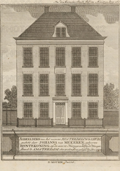 Image of the new Poorhouse, founded by Johanna van Mekeren, née Bontekoning, on the Nieuwe Herengracht, near the Weesperstraat in Amsterdam, the foundation stone laid on 9 Dec 1790, View of the Poorhouse of the Reformed Diaconate on the Nieuwe Herengracht in Amsterdam, print, book illustration, Top right: In the Mercurius First Part of May 1791, p.: 160., publisher: Bernardus Mourik, Amsterdam, 1791, printmaker, paper, etching, height 177 mm x width 136 mm, An engraving of a multi-story rectangular building with a steep tiled roof and two chimneys, a central dormer window on the roof, symmetrical rows of tall windows across the facade, a central paneled door with a small pediment above, low railings in front of the ground floor, patterned shading lines and crosshatching throughout the image, framed borders and decorative architectural details, and vegetation visible at the sides of the building.