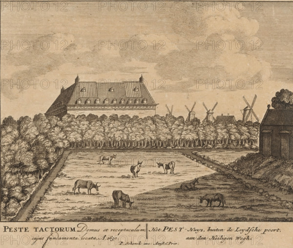 View of the Pesthuis (Buitengasthuis) near Amsterdam, Peste Tactorum Domus et receptaculum, cujus fundamenta locata A. 1630, The Pest-Huys, outside the Leydsche poort, on the Heiligen Wegh, 100 Illustrations of the most important buildings of Amsterdam, print, Series number, 100, printmaker, grantor of privilege, Barent Greve, paper, etching, engraving, height 161 mm x width 193 mm, Current state of print also used in: 100 Illustrations of the most important buildings of Amsterdam. Amsterdam: Pieter Schenk (I), sa 1710-1711. And in: 100 Illustrations of the most important buildings of Amsterdam. Amsterdam: Barent Greve, sa. 1757-1766.* *In the second edition, published by Barent Greve, only the title page has been modified. The other prints have remained unchanged., windmill in landscape, hospital, quarantine, Amsterdam, Buitengasthuis, Pesthuis (Amsterdam), A wide landscape etching shows a large rectangular building with a steep tiled roof and small dormer windows rising behind a dens...