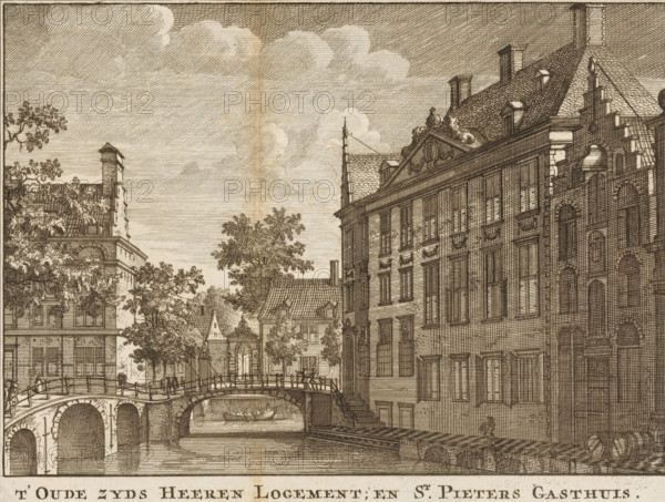 t'Oude Zyds Heeren Logement, en St. Pieters gasthuis, View of the Oudezijds Heerenlogement and Binnengasthuis in Amsterdam, print, book illustration, publisher: Nicolaas ten Hoorn, Amsterdam, 1713, Nicolaas ten Hoorn, printmaker, publisher, paper, etching, height 131 mm x width 173 mm, A sepia-toned etched cityscape showing a canal with arched bridges spanning the water, a small rowboat moored beneath one arch, and stone quays lining the canal; multi-story buildings with many windows and varied rooflines stand along the right bank, one roof topped with ornate sculpted figures and chimneys, while buildings on the left are partially obscured by leafy trees; people walk across the bridge and along the quays, some near doorways and a couple appearing to converse, and barrels rest on the quay at the lower right; a sky filled with hatched shading and billowing clouds fills the upper portion of the image.