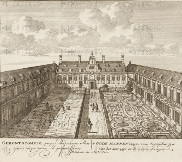 View of the courtyard of the Old Men's House in Amsterdam, Gerontocomium, prope Pandocheum Principum in quo putens ille profundissimus, 't Oude Mannen-Huys, wherein principes zyn van het jaar 1550, en de vermeerderingen 1604, 100 Illustratiee der principee bouwen van Amsterdam, print, Series number, 29, 100, Numbered lower right: 29., printmaker, grantor of privilege, Barent Greve, paper, etching, height 171 mm x width 203 mm, Current state of print also used in: 100 Illustratiee der principee bouwen van Amsterdam. Amsterdam: Pieter Schenk (I), sa 1710-1711. And in: 100 Illustratiee der principee bouwen van Amsterdam. Amsterdam: Barent Greve, sa. 1757-1766.* *In the second edition, published by Barent Greve, only the title page has been modified. The other prints have remained unchanged., courtyard, old-people's home, public welfare, Amsterdam, Oudemannenhuis (Amsterdam), A detailed pen-and-ink view shows a formal courtyard flanked by long, multi-story buildings with rows of windows an...