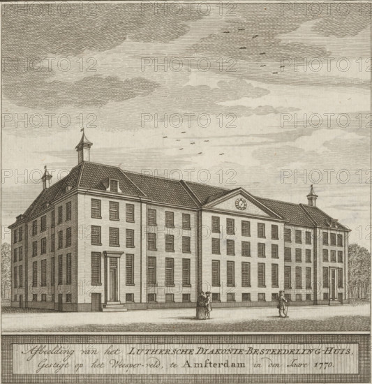 View of the Lutheran Deaconry House in Amsterdam, Illustration of the Lutheran Deaconry-Carteeling-House, Founded on the Weesper-veld, in Amsterdam in the year 1770, print, book illustration, Top right: In de Mercurius October 1770. Second Part, p. 166., publisher: Bernardus Mourik, Amsterdam, 1770, printmaker, paper, etching, height 172 mm x width 168 mm, A large multi-story building with a pitched roof and small cupolas at the roofline fills the scene, its facade marked by regularly spaced rectangular windows and a centered entrance with a small stoop and columns; a triangular pediment with a circular feature sits above the central section of the roof; the foreground shows a paved street and a low retaining wall, with three small groups of people standing or walking near the building; fine parallel and cross-hatched lines render clouds in the sky and shading on the building and ground.