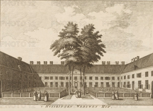 View of the courtyard of the Huiszittenweduwenhof (Kartuizerhof) in Amsterdam, 't Huiszitten-Weduwen-Hof, print, book illustration, publisher: Isaak Tirion, Amsterdam, 1765, Isaak Tirion, printmaker, publisher, paper, etching, height 138 mm x width 199 mm, A monochrome engraved courtyard scene showing a large rectangular building with a tiled roof and multiple rows of windows surrounding a central open area. A row of tall trees rises from a paved pathway leading to a central entrance with a pediment above it. Wooden railings enclose two sunken rectangular garden or pond areas on either side of the pathway. Groups of figures in period clothing stand and walk along the pathway and beside the enclosed areas. The sky above features softly etched clouds.