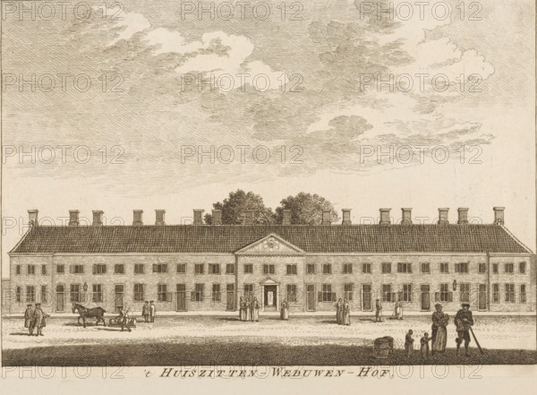 t Huiszitten-Weduwen-Hof, View of the Huiszittenweduwenhof (Kartuizerhof) in Amsterdam, print, book illustration, publisher: Isaak Tirion, Amsterdam, 1765, printmaker, paper, etching, height 140 mm x width 198 mm, A wide, low building with a tiled roof and evenly spaced chimneys stretches across the scene, with a central pediment above the main entrance and rows of shuttered windows along its facade; small groups of people stand and walk in front of the building, including figures gathered near the entrance, a person leading a horse hitched to a small cart, and others in conversation, while trees rise behind the roofline and large, textured clouds fill the sky above.