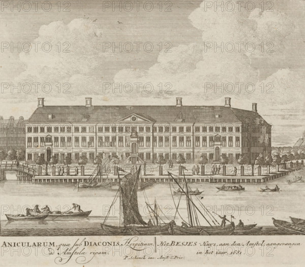 Anicularum, quae sub Diaconis, Hospitium, ad Amstelae ripam, Het Besjes-Huys, aan den Amstel, aangevallen in het jaar 1681, Gezicht op het Diaconie Oude Vrouwenhuis te Amsterdam, 100 Illustratiee der principee bouwen van Amsterdam, print, Series number, 35, 100, Numbered lower right: 35., printmaker, grantor of privilege, Barent Greve, paper, etching, height 168 mm x width 203 mm, Current state of print also used in: 100 Illustratiee der principee bouwen van Amsterdam. Amsterdam: Pieter Schenk (I), sa 1710-1711. And in: 100 Illustratiee der principee bouwen van Amsterdam. Amsterdam: Barent Greve, sa. 1757-1766.* *In the second edition, published by Barent Greve, only the title page has been modified. The other prints have remained unchanged., old-people's home, public welfare, Amsterdam, Diaconie Oude Vrouwen- en Mannenhuis, Amstelhof, A wide waterfront scene showing a large rectangular building with a pitched roof and multiple chimneys, rows of evenly spaced windows, central pediment ...