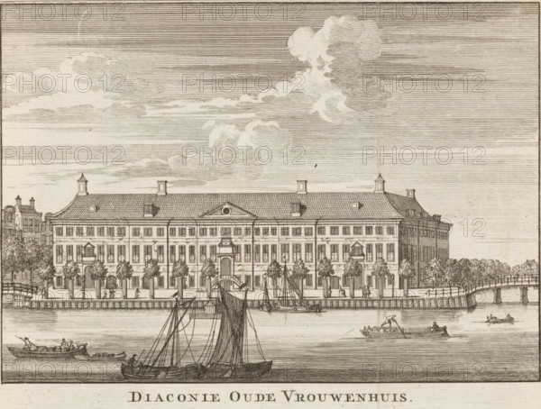 View of the Diaconie Oude Vrouwenhuis in Amsterdam, Diaconie Oude Vrouwenhuis, print, book illustration, Series number, 262, Numbered top right: 262., printmaker, publisher, Amsterdam, paper, etching, height 147 mm x width 185 mm, A wide, symmetrical stone building with a tiled roof and small roof structures stretches across the waterfront, its façade marked by rows of evenly spaced windows and a central pediment above the entrance, flanked by stairways and a balcony; trees line the promenade in front of the building where small groups of people stand or walk along a low wall and gates. In the foreground several sailing and rowboats occupy the water, some with visible masts and rigging and others propelled by oars, with figures seated or standing in them. The sky above is filled with horizontal line shading and clusters of billowing clouds, and smaller buildings and trees appear at the sides beyond the main structure.
