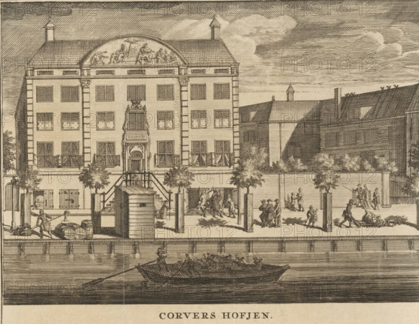 Corvers Hofjen, View of the Corvershof in Amsterdam, print, book illustration, Series number, 267, Numbered top right: 267. Top left: In French Pag. 200., printmaker, Ratelband & Co, heirs of J., Pieter Meyer, paper, etching, engraving, height 149 mm x width 178 mm, Print possibly from: Hoorn, Nicolaas ten. Wegwyzer, of korte beschryvinge van de stadt Amsterdam, zynde eene dichterbije verhandeling van desselfs eerste opkomst, vergrotingingen, en teegenwoordigen staat, Amsterdam: heirs of J. Ratelband & Co, Nicolaas ten. Guide or short description of the city of Amsterdam, being a concise treatise on their first rise, enlargements, and present state, 1751., old-people's home, public welfare, canals, waters (in city) (city(-scape) with figures, staffage), Amsterdam, Nieuwe Herengracht, Corvershof, A detailed pen-and-ink scene shows a large multi-story building with a central ornate entrance, many rectangular windows, and a decorative pediment with sculpted figures; flanking wings and adj...