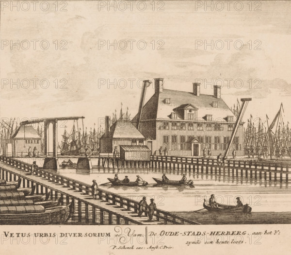 View of the Old City Inn on the IJ in Amsterdam, Vetus urbis diversorium ad Yam, The old city inn, on the IJ, being a wooden shed, 100 Illustration of the most important buildings of Amsterdam, print, publisher: Pieter Schenk (I), Amsterdam, publisher: Barent Greve, 1710 - 1711, printmaker, paper, etching, engraving, height 171 mm x width 200 mm, A detailed sepia-toned engraving of a waterfront scene showing a wooden pier with railings extending into the foreground and lined with small boats moored alongside, several rowboats with figures in them on the water, and people walking or standing on the pier; a multi-story building with a steep roof, dormer windows, chimneys, and a covered balcony stands near the water, flanked by smaller structures and cranes; numerous masted ships and rigging are visible behind the buildings; sky filled with lightly hatched clouds.