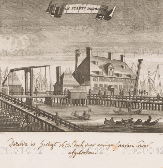 Old City Inn, View of the Old City Inn on the IJ in Amsterdam, print, annotation: 'It was founded in 1613, but demolished a few years ago', printmaker, paper, etching, height 123 mm x width 153 mm, This print also appears in: Commelin, Caspar. Description of Amsterdam, Amsterdam: Abraham Wolfgang et al., 1693, vol. 2, p. 673. As well as in: Amsterdam: Widow Aart Dirksz. Oossaan, 1694. Also in: Amsterdam: Andries van Damme et al., 1726. In these books, however, the print is printed on a page with text, with text also on the verso. That is not the case with this copy. This may be a later, separately published print., sailing-ship, sailing-boat, hotel, hostelry, inn, bridge in city across river, canal, rowing facing backward, pulling, Oude Stadsherberg, A detailed monochrome engraving shows a waterfront scene with a large multi-story building with a steep roof, chimneys, dormer windows, and a small pediment above a central window, set behind a wooden pier and fenced area; a raised drawbri...