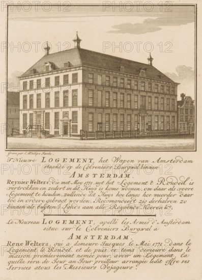T nieuwe logement het Wapen van Amsterdam staand op de Colveniers Burgwal binnen Amsterdam, Le nouveau logement, apellé les Armes d'Amsterdam situe sur le Colveniers Burgwal a Amsterdam, Prospectus voor herberg Het Wapen van Amsterdam, print, prospectus, printmaker: Caspar Jacobsz. Philips, 1771, Caspar Jacobsz. Philips, printmaker, paper, engraving, etching, height 196 mm x width 143 mm, hotel, hostelry, inn, Amsterdam, Kloveniersburgwal, Period, 1771-05, A detailed sepia architectural engraving of a large rectangular building with a steep hipped roof and decorative rooftop finials, shown from an angled frontal perspective; the façade features regularly spaced tall windows across multiple floors, a central entrance with steps and a small pediment, and a carved cartouche above a secondary doorway; the building sits behind a low fence and is flanked by a narrower gabled building on the right; the sky is rendered with horizontal hatch shading and a few cloud shapes, and the lower portion...
