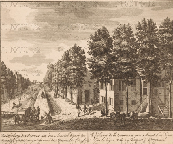 View of the inn de Schulp on the Amstel, De Herberg de (1) Schulp aen den Amstel within the ring dike next to a view of the (2) Outewaler bridge, Le cabaret de la Coquille pres Amstel en dedans de la digue & la vue du pont de Outewael, print, book illustration, On the left the ring canal with the Oetewalerbrug in the background., after drawing by Daniël Stopendaal, publisher: Hendrik de Leth, Amsterdam, 1725, printmaker, paper, etching, engraving, height 165 mm x width 201 mm, A detailed sepia-toned city scene with a long tree-lined street flanked by buildings, a canal running alongside the road with small boats and a sail, and people and horse-drawn carriages on the road and canal edge; tall leafy trees obscure parts of the buildings, some of which show windows, doors, and an exterior staircase, and small groups of pedestrians are visible walking and conversing while a distant bridge and windmills appear on the horizon under a sky filled with horizontal cloud shading.