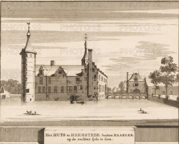 View of Heemstede Castle, The House at Heemstede, outside Haarlem, visible on the right side, print, book illustration, printmaker: Jacobus Schijnvoet, after drawing by Roelant Roghman (possibly), publisher: Pieter de Coup, Amsterdam, 1711, paper, etching, engraving, height 195 mm x width 217 mm, A sepia-toned architectural engraving showing a waterfront scene with a large multi-story building featuring stepped gables, narrow windows, and a prominent cylindrical tower with a conical roof on the left, connected to other structures by walls and a bridge with arches; tall vertical chimneys and decorative finials rise above the roofs; trees and shrubbery appear behind and beside the buildings on the right; horizontal etched lines fill the sky and water surfaces, with small groups of waterfowl depicted on the water in the foreground.