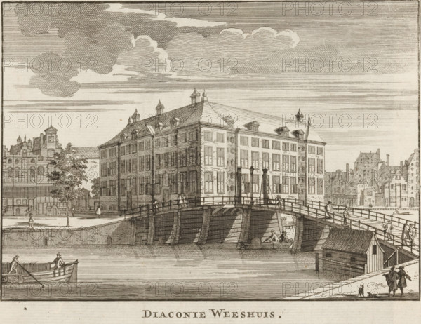 View of the Diaconie Orphanage in Amsterdam, Diaconie Orphanage, print, book illustration, Series number, 259, Numbered top right: 259., printmaker, publisher, Amsterdam, paper, etching, engraving, height 146 mm x width 180 mm, An engraving of a riverside scene shows a large multi-story building with a pitched roof and dormer windows set at the edge of a canal, connected to the opposite bank by an arched wooden bridge with posts and railings; small figures walk across the bridge and stand on the quay, while a couple of rowboats occupy the water beneath with rowers visible; to the left and right of the main building are other architectural blocks with varied rooflines, chimneys, and decorative façades, and a tree rises near the left buildings; the sky above is filled with layered, textured clouds rendered with fine hatch lines; in the foreground a figure and a small dog are near the water’s edge and additional tiny figures populate the embankments.