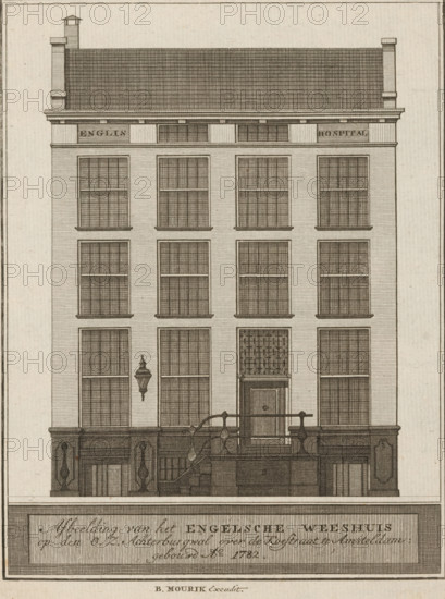 Image of the English Orphanage on the OZ Achterburgwal across the Koestraat in Amsterdam: built in 1782, View of the English Orphanage in Amsterdam, print, book illustration, Top right: In de Mercurius August 1783. 2nd Part, p. 84., publisher: Bernardus Mourik, Amsterdam, 1783, printmaker, paper, etching, height 179 mm x width 139 mm, A symmetrical multi-story building elevation drawn in fine line engraving, showing a steep tiled roof with chimneys at each end and a central small dormer, a cornice below the roof, and a façade organized into vertical bays of tall multi-paned windows with framed sills. The entrance is centered and features a paneled door set within a recessed surround, flanked by large windows and a decorative iron railing and balustrade across a raised stoop. A wall-mounted lantern is visible to one side of the entrance, and the lower level presents paneled pilasters and patterned detailing. The overall image is monochrome with dense crosshatching and linear shading, fr...