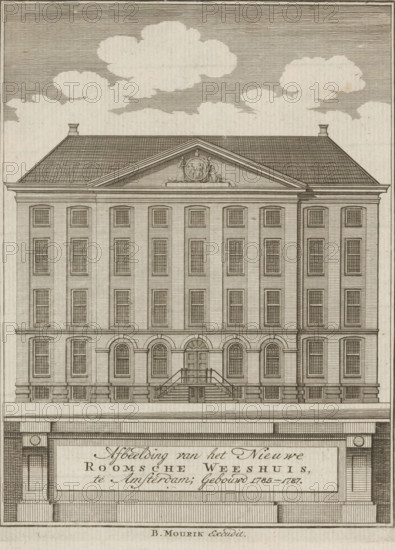 View of the Maagdenhuis in Amsterdam, Illustration of the New Roman Catholic Orphanage, in Amsterdam, built 1785-1787, print, book illustration, Top right: In de Mercurius October First Part, 1786, p. 128., publisher: Bernardus Mourik, Amsterdam, printmaker, paper, etching, height 180 mm x width 134 mm, A detailed engraved elevation of a large rectangular building with a pitched roof and two small chimney structures at each end, rendered in fine parallel hatching; the façade shows a symmetrical arrangement of tall sash windows set within shallow pilasters across multiple floors, with a central entrance reached by a short staircase and flanked by arched openings; a triangular pediment sits above the central section containing an ornamental roundel and sculptural elements, and the base of the building features rusticated stonework and small basement openings; the sky above is filled with stylized horizontal lines and a few soft cloud shapes.