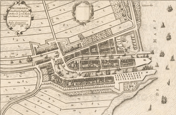 Delfshaven, Map of Delfshaven, area plan, print, book illustration, printmaker, publisher, Amsterdam, paper, etching, height 147 mm x width 226 mm, An antique map view rendered in fine lines shows a fortified town with walls and bastions, rows of closely packed buildings with gabled roofs, narrow streets and canals winding through the settlement, quays and enclosed harbor areas with small sailing vessels, surrounding agricultural plots divided into long strips with scattered small marks suggesting vegetation or animals, ornamental cartouches and a laurel wreath, several larger ships depicted offshore on a textured sea, and patterns indicating dikes and embankments along the water.
