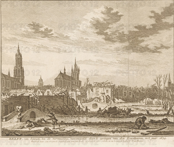 Delft from the inside, after the destruction caused by the explosion of the Powder Tower in the year 1654, Destruction in Delft after the explosion of the gunpowder magazine on October 12, 1654, print, book illustration, printmaker: Simon Fokke, Northern Netherlands, after design by, after painting by Egbert Lievensz. van der Poel, publisher: Isaak Tirion, Amsterdam, 1754, paper, etching, height 198 mm x width 269 mm, A sepia-toned etching of a cityscape showing rows of damaged buildings and exposed rooftops in front of tall church towers with pointed spires, with ruined structures, scaffolding, and piles of debris scattered among the streets; figures are visible walking, carrying items, and working amid the wreckage, some near a small arched bridge over a body of water where a few people stand or cross; leafless trees rise among the ruins and a larger group of people gathers in the distance; the sky is filled with layered, textured clouds rendered with fine lines.