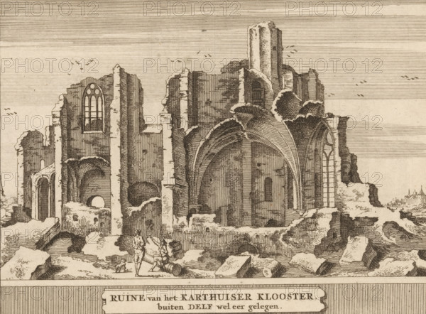View of the ruins of the Carthusian monastery near Delft, Ruins of the Carthusian monastery, formerly situated outside Delft, Castles, country estates and houses in the Netherlands, print, book illustration, Marked lower right: I., printmaker: Jacobus Schijnvoet, Amsterdam, after drawing by Roelant Roghman (possibly), publisher: Pieter de Coup (possibly), 1711, paper, etching, engraving, height 194 mm x width 217 mm, Print first used in: Smids, Ludolph. Schatkamer der Nederlandse oudheden, of Woordenboek, between. p. 180 and 181. Possibly appeared thereafter in reissues of this work in 1737 and 1774. In 1721, an edition appeared containing only the prints: Nederlandsche oudheden, bestaan in zesachtig verbeeldingen, gelegen in Holland, 't Sticht van Utrecht en Gelderland enz. Amsterdam: Hendrik Bosch, 1721., ruin of church, monastery, landscape with ruins (city(-scape) with figures, staffage), Delft, Carthusian monastery 'Saint Bartholomew in Jerusalem', A detailed ink drawing of a larg...