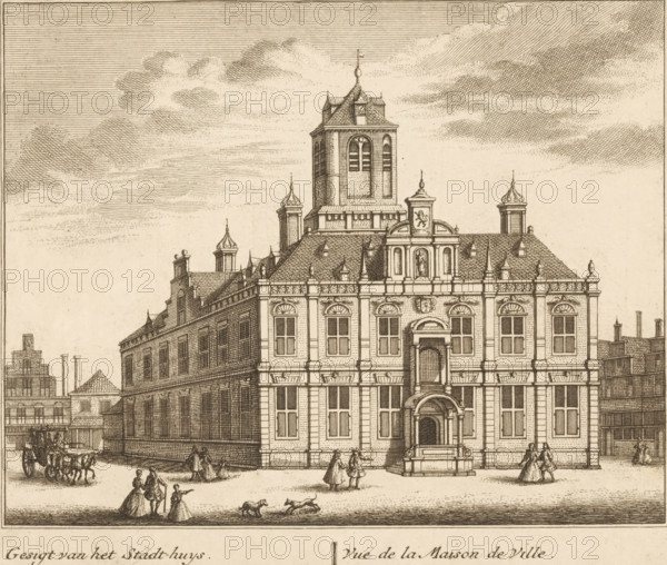 View of the Town Hall in Delft, Gesigt van het Stadt-Huys, Vuë de la Maison de Ville, All the most important views of the widely famous cities Alkmaar, Delft and Dordrecht, Views in Alkmaar, print, Series number, 67, printmaker: Leonard Schenk, Amsterdam, after drawing by Abraham Rademaker, 1736, paper, etching, height 173 mm x width 199 mm, A detailed ink drawing of a large ornate building with a multi-tiered roof and a central tower rising above the roofline, featuring arched windows and decorative dormers, flanked by smaller turrets with pointed finials; the building facade shows tall rectangular windows set between pilasters, carved ornamental panels above some windows, and a prominent central arched entrance with steps and a small covered portico; in front of the building a paved open area contains small groups of people in period clothing walking and conversing, two dogs playing, and a horse-drawn carriage at the left edge; surrounding structures with chimneys and varied roofline...