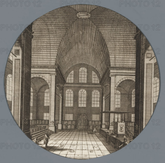 Church interior, print, 1650 - 1800, printmaker, paper, etching, height 135 mm x width 135 mm, interior of church, A circular engraved view shows the interior of a large building with a high vaulted ceiling covered in dense hatch lines, tall arched windows, rows of columns and arches, a tiled floor with decorative motifs, raised seating along the sides, railings and a pulpit or ornate lectern, small human figures in period clothing scattered on the floor and near the benches, and detailed architectural ornamentation on pilasters and cornices.