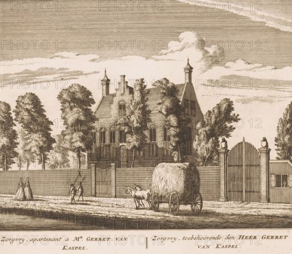 Zorgvry, apartmentnant a Mr. Gerret van Kaspel, belonging to Mr. Gerret van Kaspel, View of the country estate Zorgvrij, print, Series number, 78, printmaker: Leonard Schenk (possibly), printmaker: Abraham Rademaker (possibly), publisher: Andries de Leth (possibly), Amsterdam, publisher: Hendrik de Leth (possibly), 1725 - 1730, paper, etching, engraving, height 169 mm x width 197 mm, Print published in the edition of: Tijsens, Gijsbert. Hollands Arcadia, or the renowned river Amstel, drawn from life and brought to light by Abraham Rademaker, Amsterdam: Leonardus Schenk, 1730., civic architecture, edifices, dwellings, Baambrugge, A detailed sepia-toned engraving showing a large brick house partially hidden behind tall trees and a high wall with a central gate, the house featuring multiple windows, steep gables, and chimneys topped with decorative finials, and a sky filled with lined shading and clouds above; in front of the wall a road runs along a water channel, on the road a horse pul...