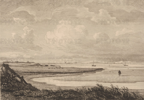View of the coast of Texel, Texel, print, printmaker: Pierre Louis Dubourcq, Netherlands, 1849, paper, etching, roulette, drypoint, drypoint and roulette, height 229 mm x width 260 mm, gulf, bay, mud flat, A wide, detailed landscape etching showing a shallow shoreline with gently curving water channels and muddy banks, framed in the foreground by dark, windswept grasses and a broken wooden fence on the left. The middle distance contains low grassy marshland and a narrow strip of land with small buildings and a windmill silhouette, while a small boat with a vertical mast floats on the water nearer the center and another boat with a tilted mast lies farther right. A solitary figure walks along the wet sand toward the water near the right side, and a few birds are visible near the shore. Above, the sky is filled with large, billowing clouds rendered with fine, horizontal and curved linework, creating an expansive, textured atmosphere across the top two thirds of the image.