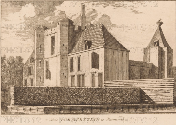 t Huis Purmerstein in Purmerend, View of Purmerstein Castle, print, Series number, 10, printmaker: Abraham de Haen (II), Northern Netherlands, Purmerend, 1733, paper, etching, height 155 mm x width 235 mm, fortified house in city, Purmerstein Castle, A detailed architectural etching shows a large building complex with steep tiled roofs, tall rectangular towers, and vertical wooden siding on one section; narrow windows and small dormers punctuate the facades, and a tall slender chimney rises behind the main roof. A dense hedge or textured wall runs along the foreground above a waterside promenade with railings, and a stepped embankment slopes down toward the water. On the right a conical roofed tower topped by a decorative element sits above a battlemented base, and trees are visible beyond the leftmost building. The sky is filled with shaded clouds rendered in fine line work.