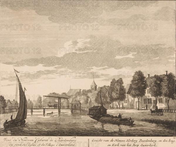 View of Ouderkerk, View of the New Inn Paardenburg of the Bridge, the Church and the Village of Ouderkerk, View of the New Inn Paardenburg, and the Bridge, and the Church of the Village of Ouderkerk, print, Series number, 15, printmaker: Matthijs Pool, Amsterdam, 1708 - 1740, paper, etching, height 156 mm x width 190 mm, Print used in: Pool, Matthijs. Verscheyde gesigten van de vermaarde rivier de buyten Amstel van de stadt Amsterdam, tot het dorp Ouwerkerk (…), 1708-1740. Or in a later edition of this publication, published by Leonard Schenk., canals, waters (in village), Ouderkerk aan de Amstel, A sepia-toned scene shows a river with several boats, including a sailboat with a tall mast and a smaller flat boat with a shelter, people visible on some boats, and reflections on the water; a wooden bridge spans the river with figures and a cart crossing, nearby buildings with pitched roofs and a tower with a clock rise behind trees along the riverbank, and a few horse-drawn carts and pedes...