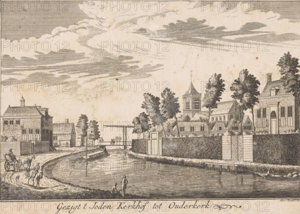 View of the Jewish Cemetery in Ouderkerk, print, printmaker: Gerardus Condet, Amsterdam, 1725 - 1764, paper, etching, height 127 mm x width 181 mm, churchyard, cemetery, canals, waters (in village), Ouderkerk aan de Amstel, A sepia-toned scene shows a canal curving through a town with buildings and trees along both banks, a boat moored near the near edge and another further along the water beneath a small bridge, two figures at the water’s edge one standing and one seated with a fishing pole, a horse-drawn carriage on a road beside the canal and a group of people nearby, various houses with pitched roofs and shuttered windows, a taller building with a tower and a spire topped by a weather vane, hedges and gates lining parts of the bank, and a sky filled with layered, horizontally hatched clouds.