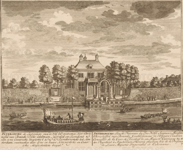 View of the house Petersburg, Petersburg, the pleasure grounds of the Noble Lord Christoffel van Brands, Lieu Palaisance du Tres Noble Seigneur, Monsieur Christoffel van Brands, print, book illustration, Series number, 77, 98, printmaker: Daniël Stopendaal (possibly), publisher: widow Nicolaes Visscher (II), Amsterdam, 1719, paper, etching, height 162 mm x width 206 mm, A detailed sepia ink engraving shows a neoclassical house set behind a high garden wall with an ornate central gateway and symmetrical windows, flanked by tall trees; a broad river runs in the foreground with several small boats carrying people, one with a raised sail, and swans gliding on the water; the sky is filled with layered clouds and a few flying birds, and small groups of figures walk along the bank and stand near the entrance steps.