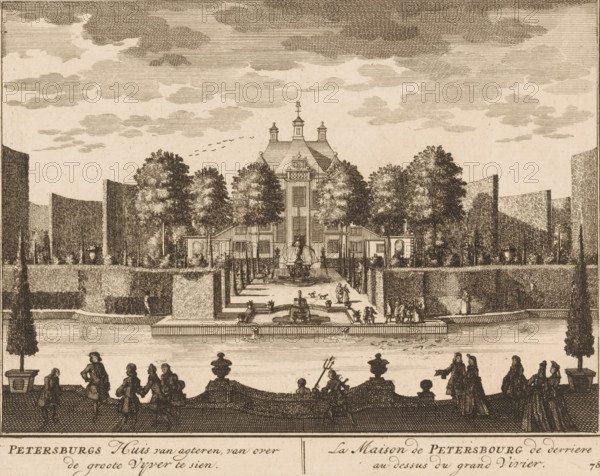 Petersburg's House from behind, seen from across the large pond, La Maison de Petersbourg de derriere au dessus du grand Vivier, View of House Petersburg, print, book illustration, Series number, 78, 98, printmaker: Daniël Stopendaal (possibly), publisher: widow Nicolaes Visscher (II), Amsterdam, 1719, Daniël Stopendaal, widow Nicolaes Visscher (II), printmaker, publisher, paper, etching, height 160 mm x width 202 mm, A detailed engraved scene shows a formal garden and a large symmetrical building centered in the composition, with a steep roof, decorative rooftop elements, and a central doorway flanked by windows. Tall, leafy trees line the path leading to the building, and trimmed hedges and high clipped walls form geometric garden rooms. A long reflecting canal or basin runs across the foreground with stepped fountains and sculptural water features set along its length. Numerous small figures in period dress occupy the terraces and walkways, some standing in groups, others strolling ...