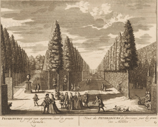 Petersburg's view from behind, through the large avenues, View of Petersbourg from behind, by the great avenues, View of the avenues of the house of Petersburg, print, book illustration, Series number, 83, 98, printmaker: Daniël Stopendaal (possibly), publisher: widow Nicolaes Visscher (II), Amsterdam, 1719, Daniël Stopendaal, widow Nicolaes Visscher (II), printmaker, publisher, paper, etching, height 160 mm x width 202 mm, A wide engraved scene shows a formal avenue lined with tall, narrow trees on both sides receding toward a distant fountain, with trimmed hedges and sculpted pedestals along the paths; numerous figures in period dress stand and walk in small groups in the foreground, including a couple with one figure holding a long garment, others conversing, and a person pushing a wheelbarrow at the edge; small dogs play near one figure who gestures toward them; steps and terraces lead up toward the tree-lined avenue where more tiny figures walk; the sky above is filled with layere...