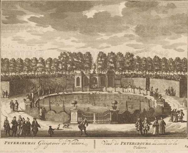 Petersburg View over the Aviary, View of Petersbourg, above the aviary, View of the aviary of the Petersburg house, print, book illustration, Series number, 84, 98, printmaker: Daniël Stopendaal (possibly), publisher: widow Nicolaes Visscher (II), Amsterdam, 1719, paper, etching, height 160 mm x width 205 mm, A sepia-toned engraving shows a formal garden scene with a large oval pond at center populated by many small birds on the water and decorative urns on pedestals along its edge; a gated entrance with stone pillars sits in front of the pond, flanked by clipped hedges and topiary. Behind the pond a low ornate pavilion with arched openings and a central urn is set against a dense avenue of tall trees forming a backdrop, with additional hedges and architectural elements along the sides. Groups of people in period dress walk and converse along paths in the foreground and near the pond, and a few small animals appear near the figures; the sky above is filled with layered clouds and a sma...