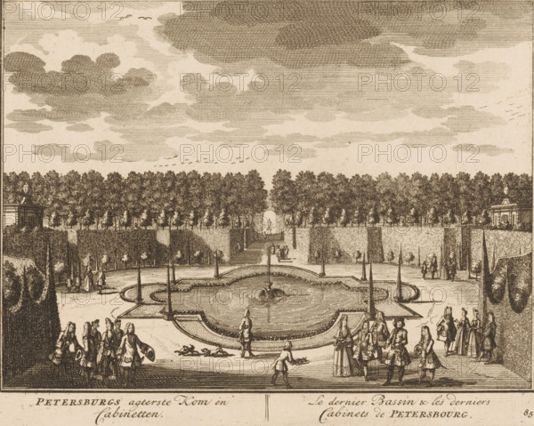 Petersburg's rear bowl and cabinets, The last basin & the last cabinets of Petersburg, View of the garden with cabinets of the house of Petersburg, print, book illustration, Series number, 85, 98, printmaker: Daniël Stopendaal (possibly), publisher: widow Nicolaes Visscher (II), Amsterdam, 1719, Daniël Stopendaal, widow Nicolaes Visscher (II), printmaker, publisher, paper, etching, height 159 mm x width 202 mm, A detailed ink engraving shows a formal garden with a large oval fountain at its center, water spraying from a central feature and pathways radiating outward, bordered by low hedges and tall, narrow trees. Numerous figures in period clothing, including men in coats with hats and women in long dresses, are walking, standing, and conversing along the paths and near the fountain, with a few attendants carrying trays. In the background a straight avenue lined with dense rows of trees leads to a sculpted urn or pedestal framed by clipped hedges, and two small classical pavilions sit ...