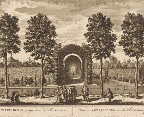 View of the garden of the Petersburg house, Petersburg's view through the arbors, View of Petersbourg by the arbors, print, book illustration, Series number, 86, 98, printmaker: Daniël Stopendaal (possibly), publisher: widow Nicolaes Visscher (II), Amsterdam, 1719, Daniël Stopendaal, widow Nicolaes Visscher (II), printmaker, publisher, paper, etching, height 160 mm x width 202 mm, A detailed sepia-toned engraving shows a tree-lined avenue with tall leafy trees framing a long vaulted archway that recedes into the distance, revealing repeated arches and a path beneath. In the foreground a group of people in period attire stand and converse near the center, while others walk or sit along the path and beside the water. A rectangular pool runs parallel to the avenue with swans floating on its surface and figures near its edge. Distant architectural elements and ornamental garden features appear beyond the trees, and birds are visible in the sky above layered, hatched clouds.