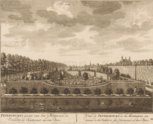 View of the aviary in the garden of House Petersburg, Petersburg's view of the small mountain over the Voillere on Nigtevegt, and the mountain, Veuë de Petersbourg, de la Montagne au dessus de la Voliere sur Nigtevegt et den Berg, print, book illustration, Series number, 88, 98, printmaker: Daniël Stopendaal (possibly), publisher: widow Nicolaes Visscher (II), Amsterdam, 1719, Daniël Stopendaal, widow Nicolaes Visscher (II), printmaker, publisher, paper, etching, height 160 mm x width 200 mm, A wide engraved landscape shows a walled garden with a circular central pond surrounded by paths and small trees, flanked by rows of trees and hedges, with buildings and a domed pavilion partially visible among the trees on the left and distant towers and rooftops on the right, a river in the foreground with several swans and rippling water, and a sky filled with layered, hatched clouds.