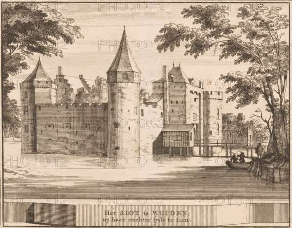 The castle at Muiden, visible on its right side, View of Muiderslot, Castles in the Netherlands, print, printmaker: Jacobus Schijnvoet, Amsterdam, after drawing by Roelant Roghman, publisher: Pieter de Coup, publisher: Hendrik Bosch, publisher: Johannes Marshoorn (publisher), Haarlem, publisher: Gerrit Bom, 1711 - 1774, paper, etching, height 195 mm x width 215 mm, Print included in: Smids, Ludolph. Schatkamer der Nederlandse! oudheden, of Woordenboek, 1711. Also appeared in the reissue of the aforementioned work in 1737 and 1774. In 1721, an edition appeared containing only the prints: Nederlandsche oudheden, bestaan in zestie verbeeldingen, gelegen in Holland, 't Sticht van Utrecht en Gelderland enz. Amsterdam: Hendrik Bosch, 1721., castle, Muiden, Muiderslot, An engraved scene showing a riverside fortress with multiple towers and crenellated walls, rendered in fine lines and hatching; a tall round tower with a conical roof stands near the center, flanked by other turreted structures...